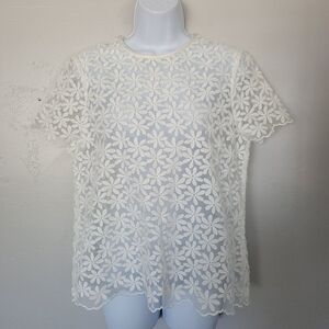Kate Spade Women's 10 White Short Sleeve Blouse Embroidered Floral Top Sheer